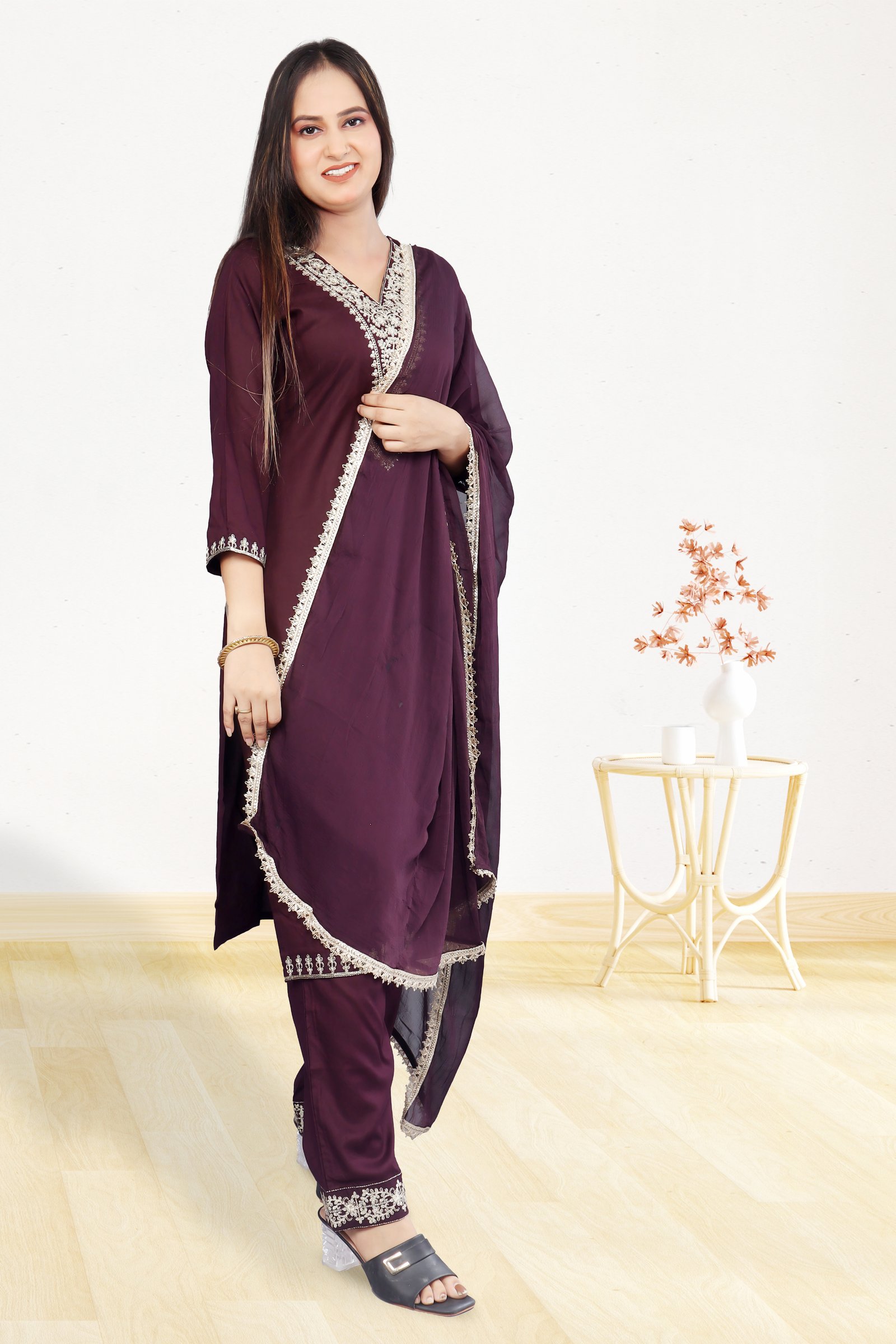 Women's Wine Rose Gold Zari with Sequins Embroidered Kurta, Trouser/Pant & Dupatta Set