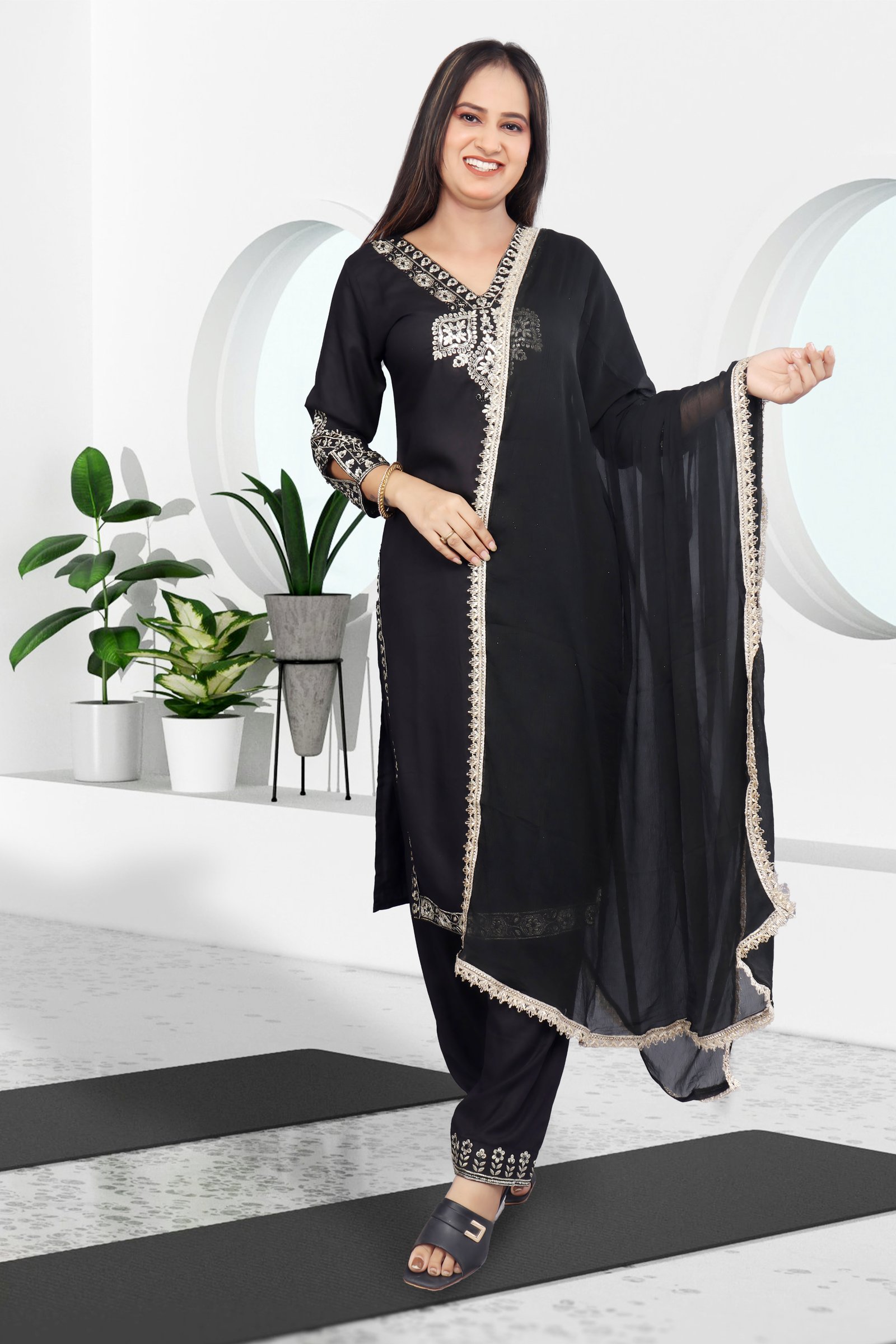 Women's Black Rose Gold Zari with Sequins Embroidered Kurta, Trouser/Pant & Dupatta Set