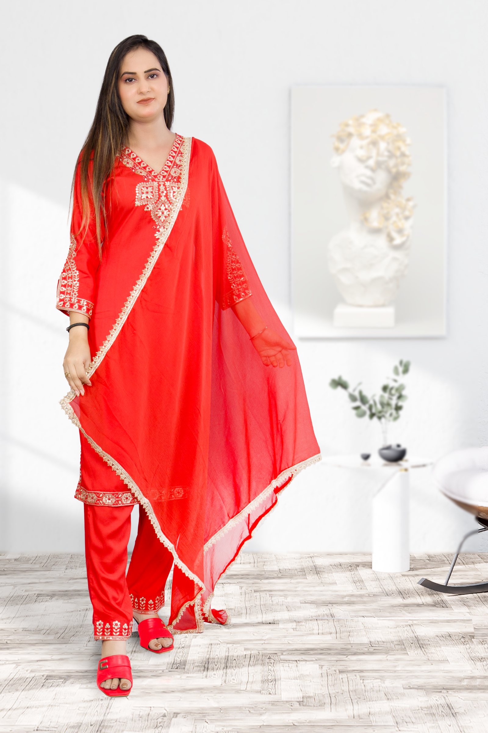 Women's Red Rose Gold Zari with Sequins Embroidered Kurta, Trouser/Pant & Dupatta Set