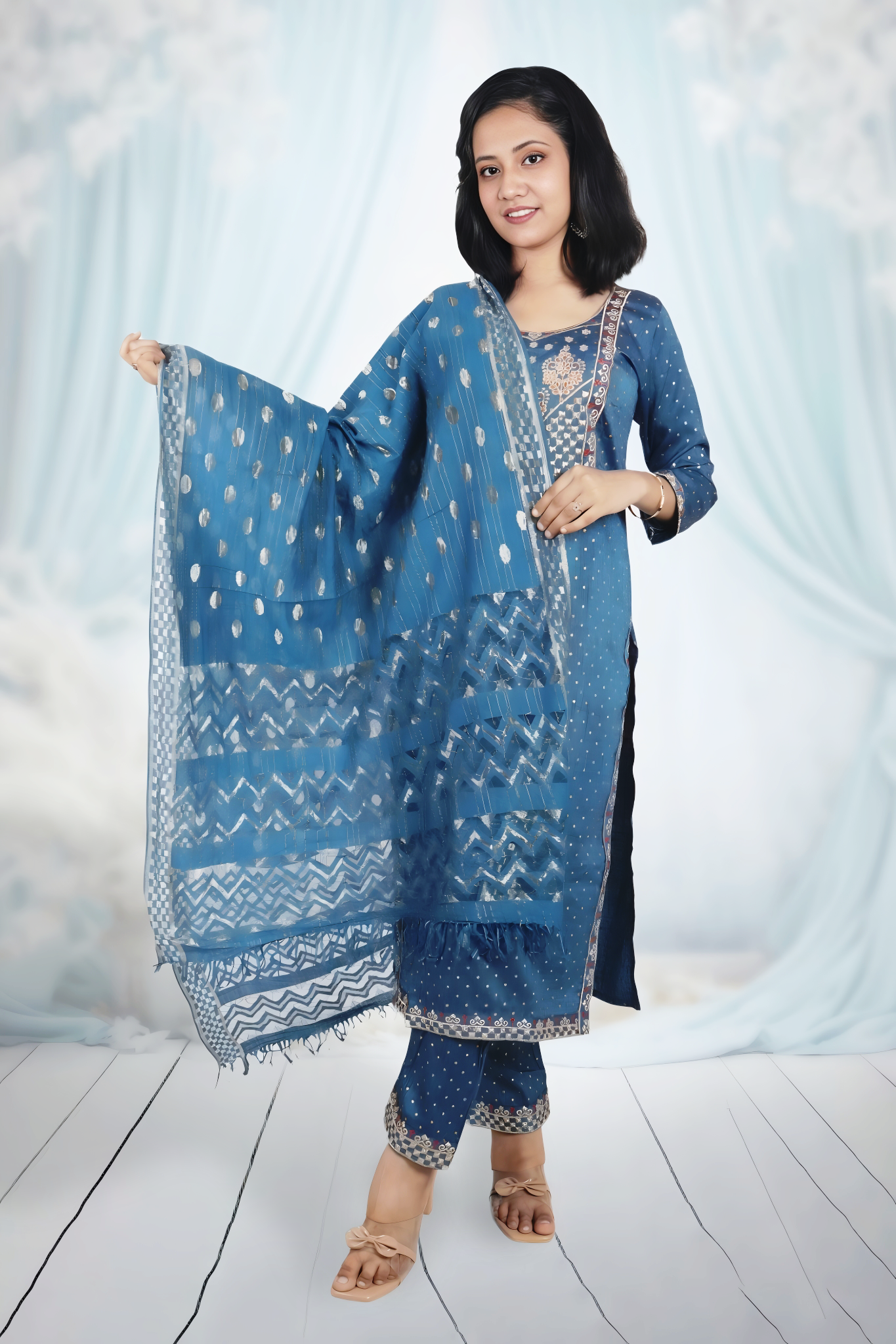 Women's T.Blue Printed Kurta Pant Set with Dupatta
