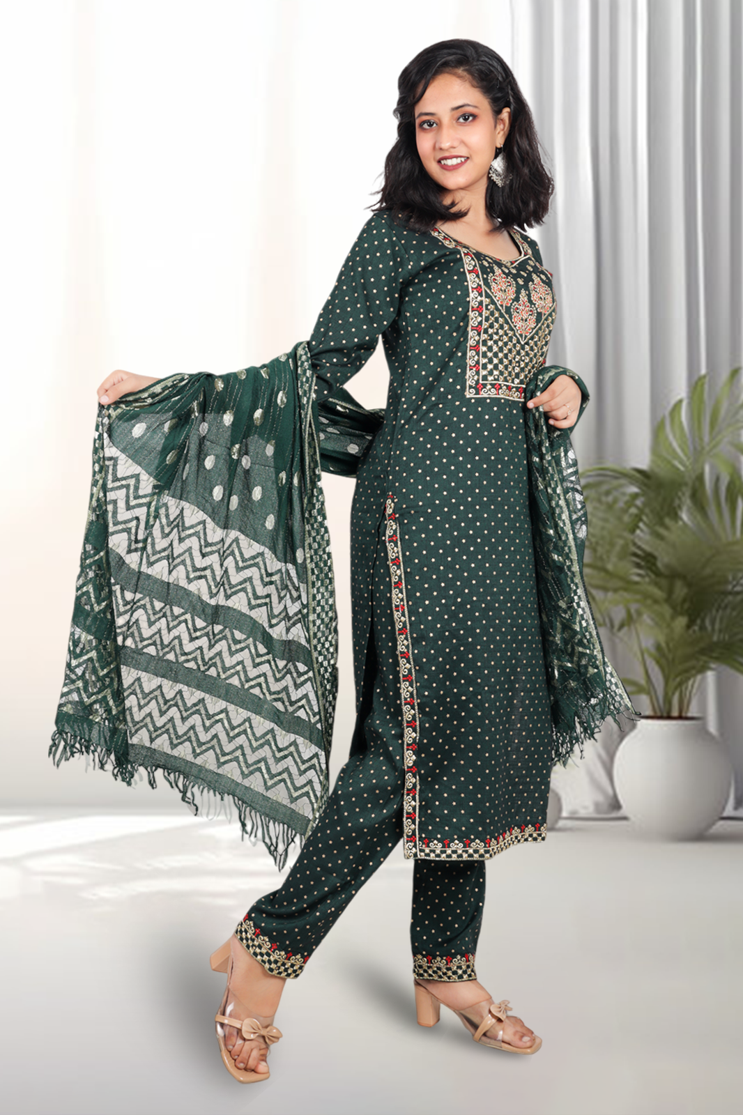 Women's Bottle Green Printed Kurta Pant Set with Dupatta