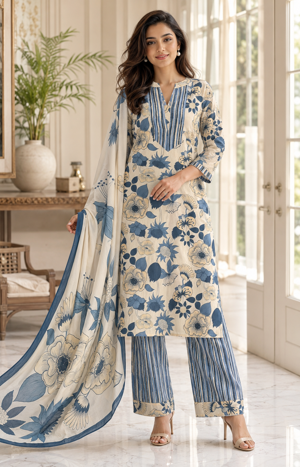 Blue Floral Printed Rayon Kurta Pant Dupatta Set for Women