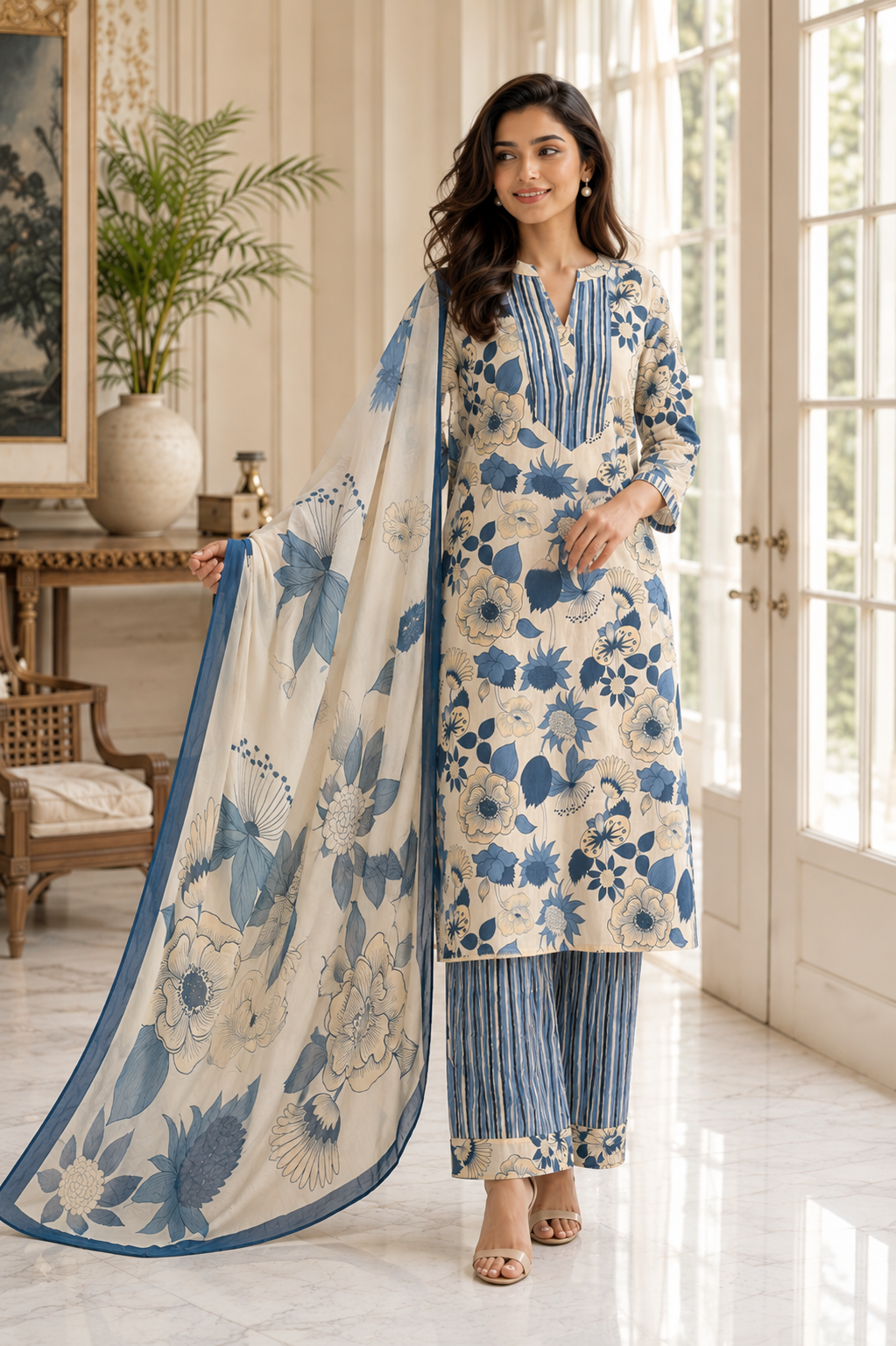 Blue Floral Printed Rayon Kurta Pant Dupatta Set for Women